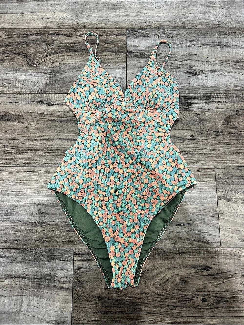 La Vein Rose, AquaRose Floral One-Piece Swimsuit in Green & Pink Size M/M Like N